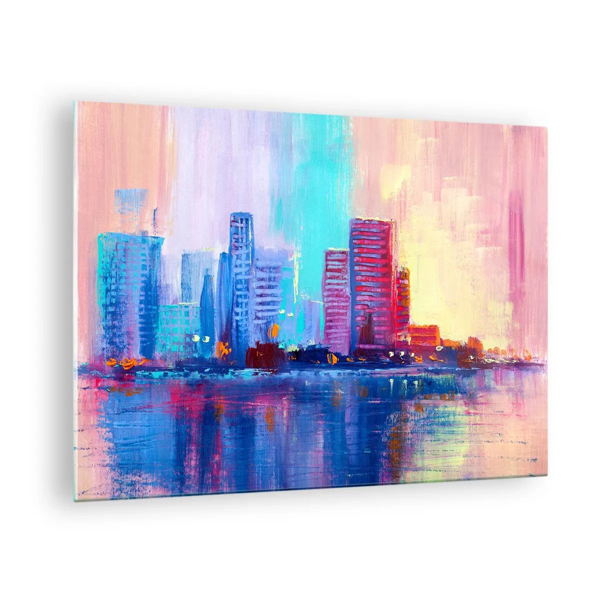 Obraz na skle - Moderné mesto v intenzívnych farbách odrážajúcich sa vo vode - 70x50cm - Vykúpané vo farbách - Moderná nástenná dekorácia do obývacej izby a spálne ARTTOR