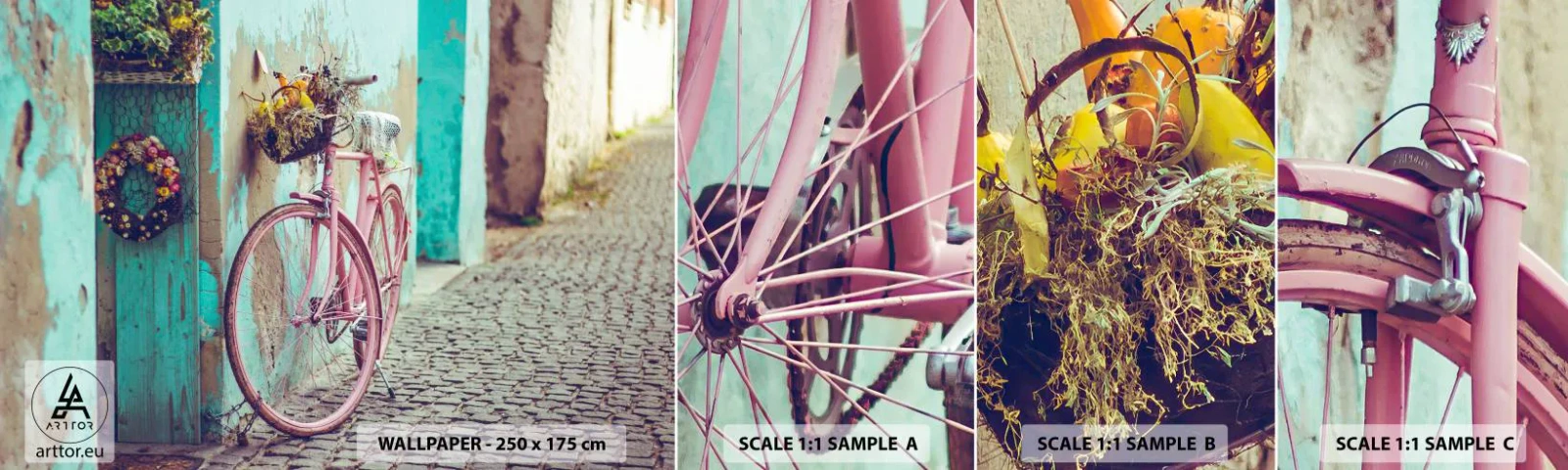 Vzorka Fototapeta Standard Eco - Hneď sa vrátim - Bicykel, Architektúra, Kvety - 100x30 cm