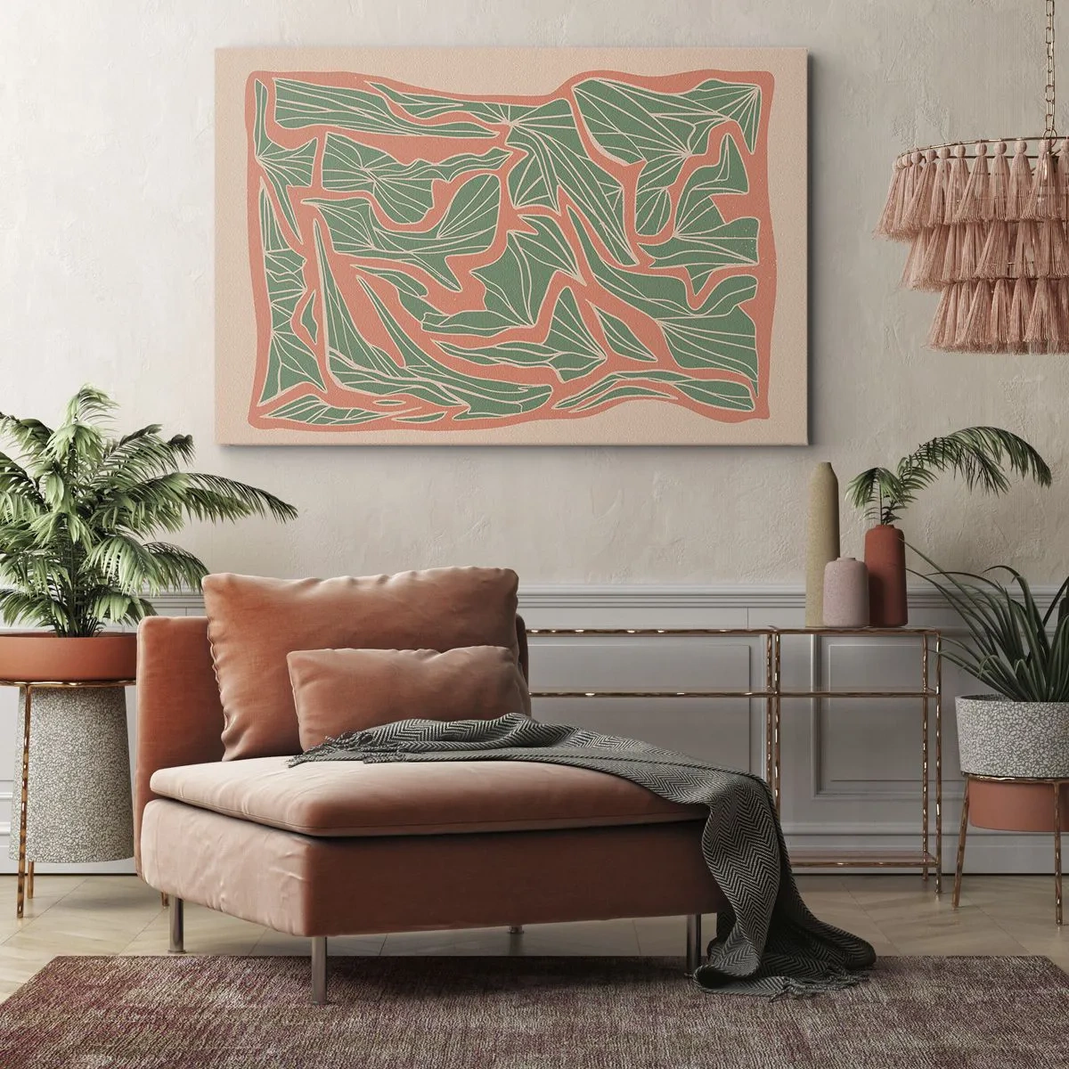 Obraz na plátne - Rastlinný vzor v odtieňoch zelenej a oranžovej - 70x50cm - Súboj koralov a zelene - Moderná nástenná dekorácia do obývacej izby a spálne ARTTOR
