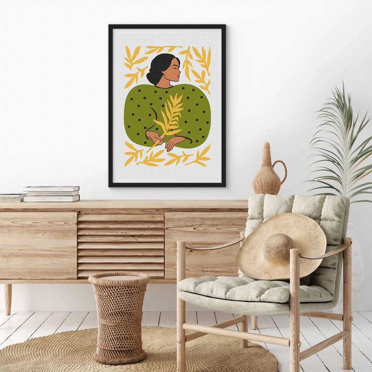 Plagát v čiernom ráme - Portrét ženy v zelených šatách so žltým listom s jemným vzorom - 50x70cm - Havajské dievča - Moderná nástenná dekorácia do obývacej izby a spálne ARTTOR
