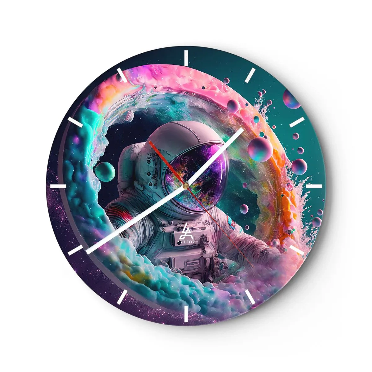 Nástenné hodiny - Astronaut uprostred kozmických farieb a efektov podobných portálu - 30x30cm - Hviezdna brána - Moderná nástenná dekorácia do obývacej izby, kuchyne a spálne ARTTOR