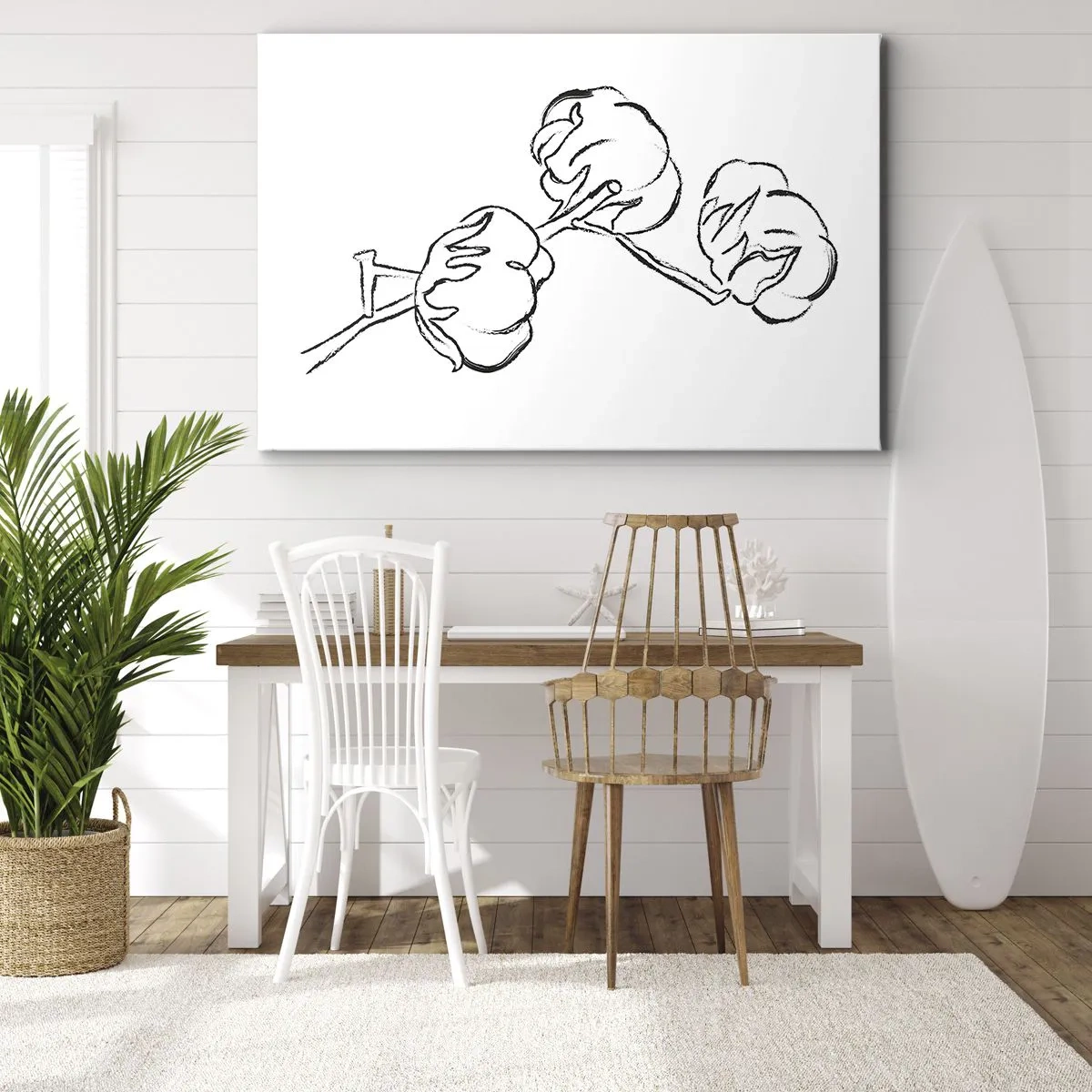 Obraz na plátne - Jemný obrys bavlníkovej vetvy na bielom pozadí - 70x50cm - Bavlnené páperie - Moderná nástenná dekorácia do obývacej izby a spálne ARTTOR
