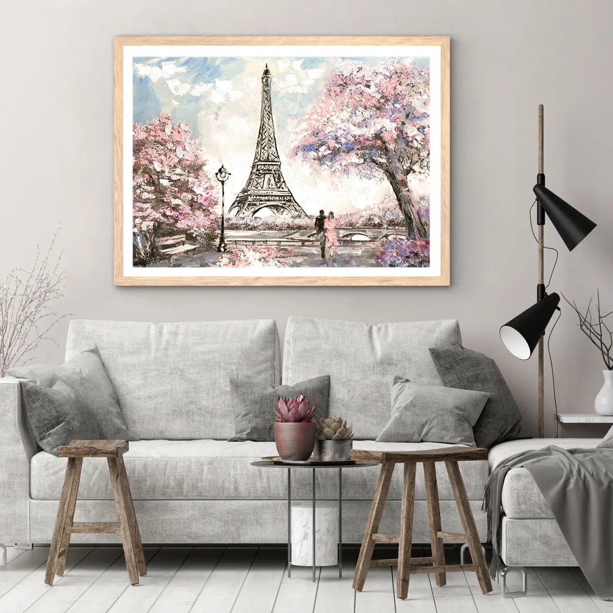 Plagát v ráme zo svetlého duba - Aprílová prechádzka Parížom - 50x40 cm
