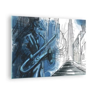 Obraz na skle - Džezový saxofonista v modrom mestskom prostredí - 70x50cm - Mestská rapsódia - Moderná nástenná dekorácia do obývacej izby a spálne ARTTOR