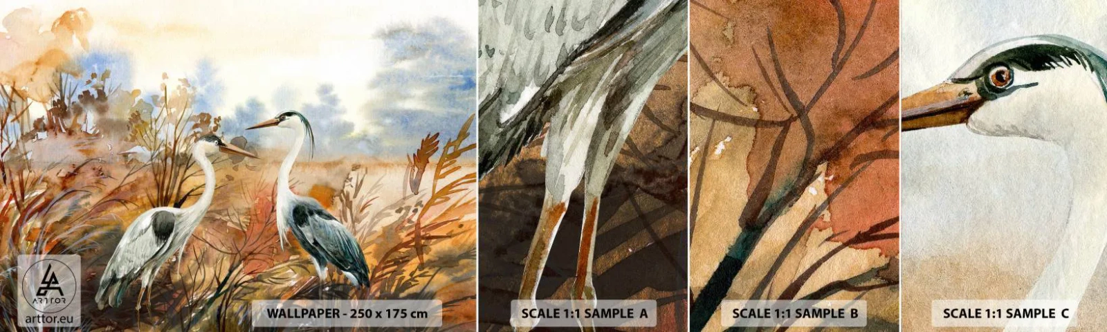 Vzorka samolepiacej fototapety Deluxe Sticker - Kam na jeseň? - Žeriav, Vtáky, Príroda - 100x30 cm
