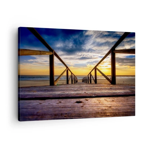 Obraz na plátne - Drevené mólo vedúce na pláž pri západe slnka - 70x50cm - Priamo na tichú pláž pri západe slnka - Moderná nástenná dekorácia do obývacej izby a spálne ARTTOR