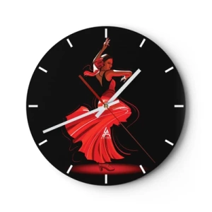 Nástenné hodiny - Flamenco tanečnica v červených šatách na čiernom pozadí - 30x30cm - Horúca duša flamenco - Moderná nástenná dekorácia do obývacej izby, kuchyne a spálne ARTTOR