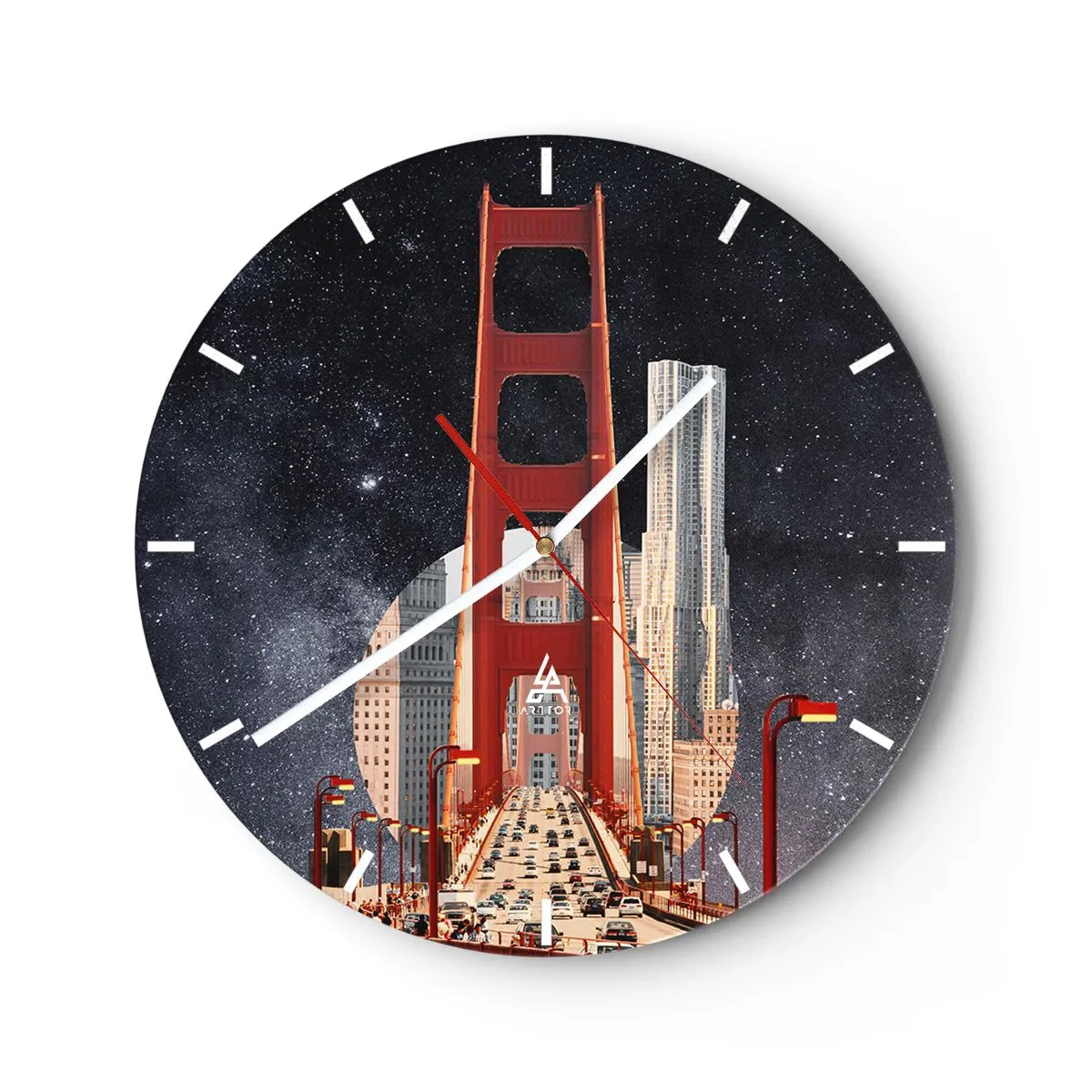 Nástenné hodiny - Mestský most vo svetle pouličných lámp na pozadí hviezdnej oblohy - 30x30cm - Vždy v centre - Moderná nástenná dekorácia do obývacej izby, kuchyne a spálne ARTTOR