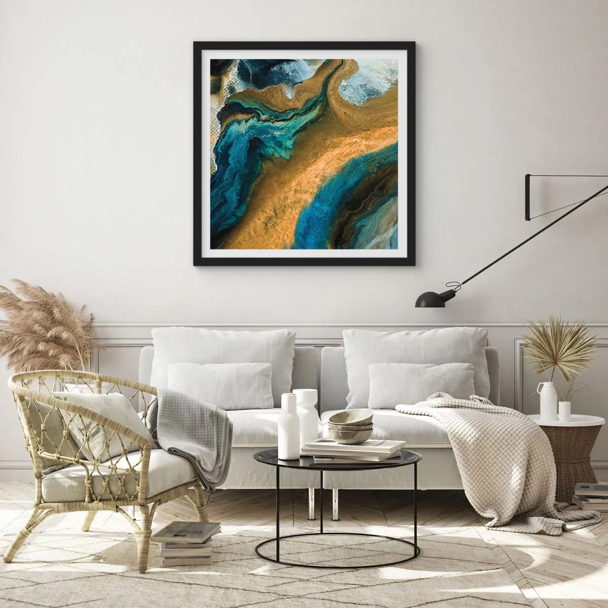 Plagát v čiernom ráme - Modrá – žltá – vzájomné vplyvy - 40x40 cm