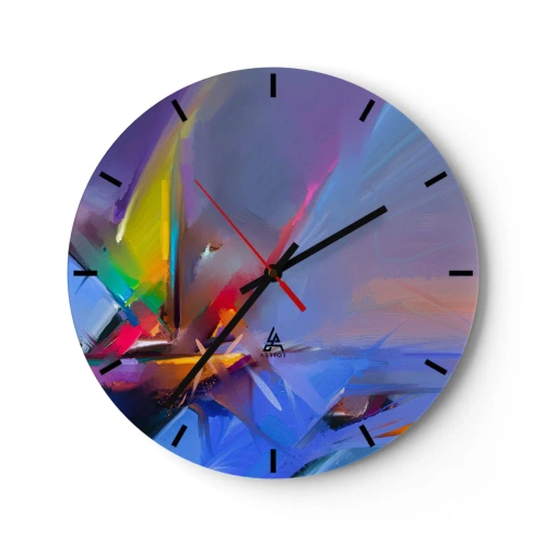 Nástenné hodiny - Abstraktná hra farieb a tvarov na modrom pozadí - 30x30cm - Preletela ako vták - Moderná nástenná dekorácia do obývacej izby, kuchyne a spálne ARTTOR