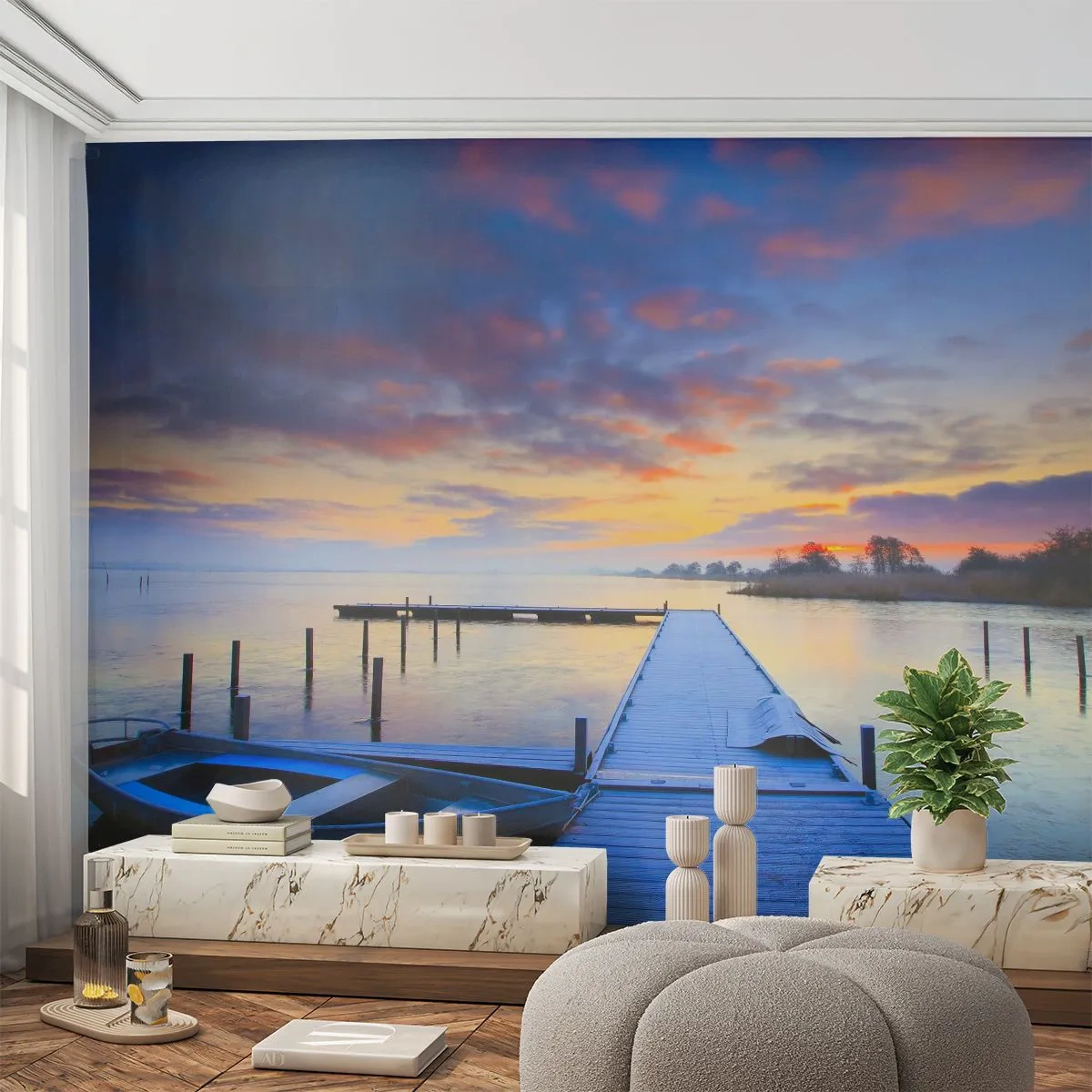 Fototapeta Premium Sand - Fialovo-zlatý pokoj - Krajina, Jazero, čln - 400x280 cm