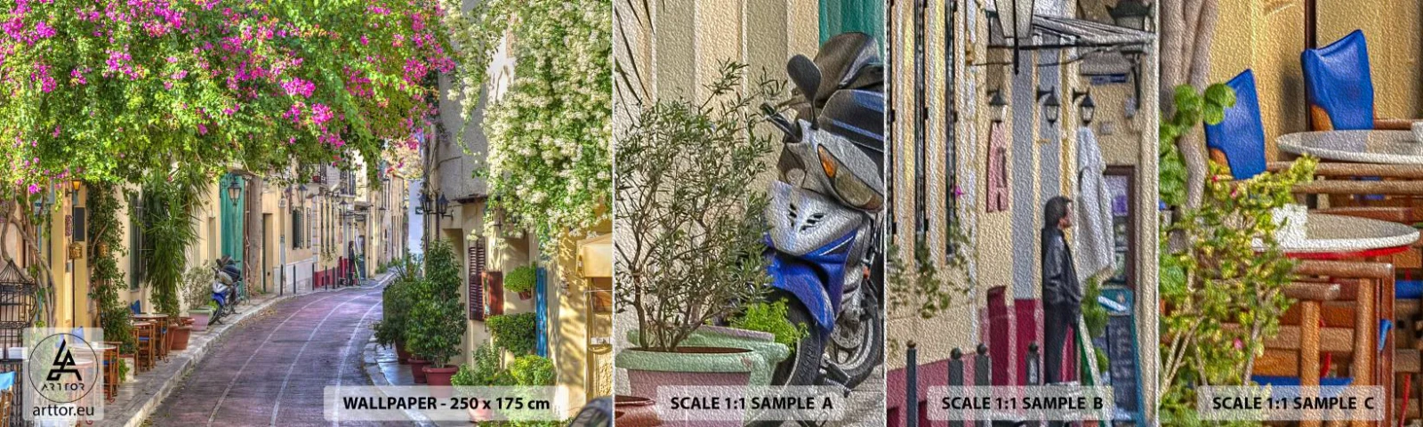 Vzorka fototapety Premium Sand - Kvitnúce zákutie - Architektúra, Grécko, Mesto - 100x30 cm