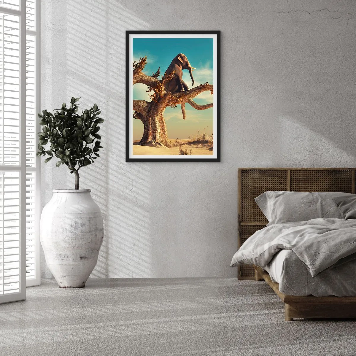 Plagát v čiernom ráme - Slon sediaci na konári stromu v surrealistickej krajine. - 50x70cm - Nový uhol pohľadu - Moderná nástenná dekorácia do obývacej izby a spálne ARTTOR