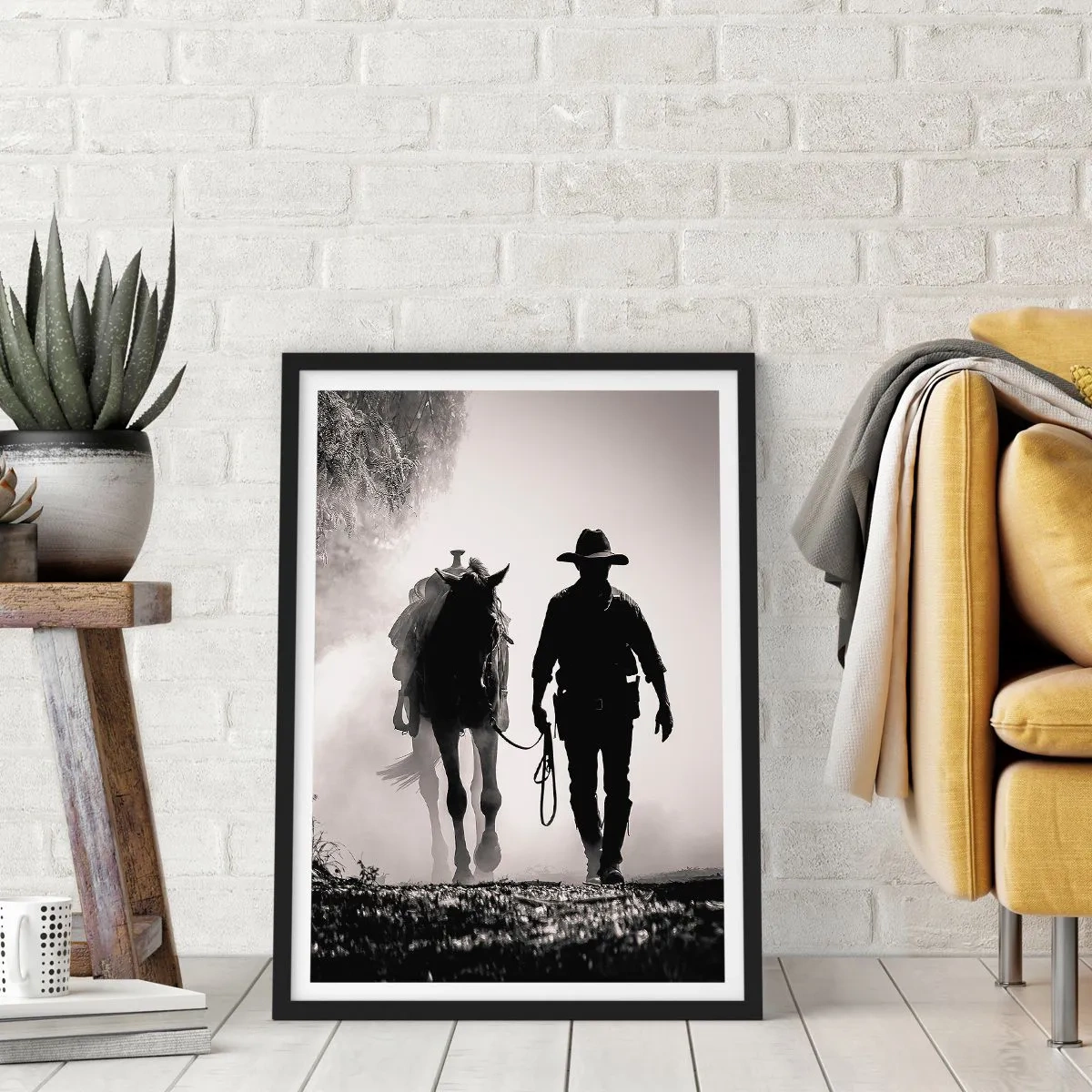 Plagát v čiernom ráme - Silueta kovboja s koňom v rannej hmle - 50x70cm - Texaské ráno - Moderná nástenná dekorácia do obývacej izby a spálne ARTTOR