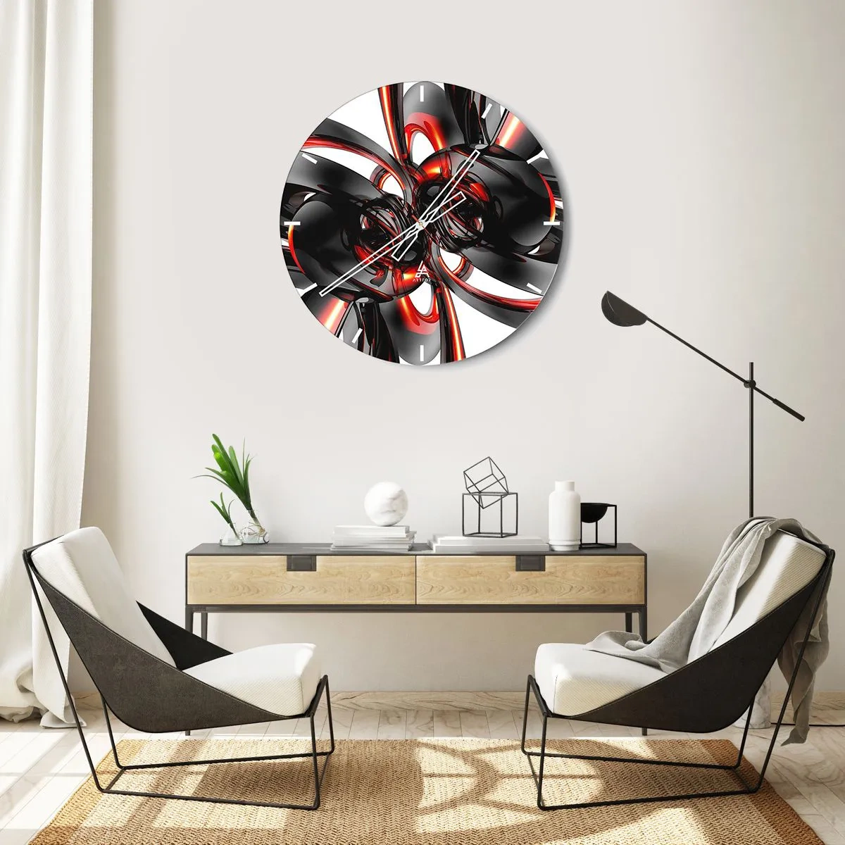Nástenné hodiny - Abstraktný vzor s červenými a čiernymi tvarmi - 30x30cm - Pohyb v grafitovej a červenej - Moderná nástenná dekorácia do obývacej izby, kuchyne a spálne ARTTOR