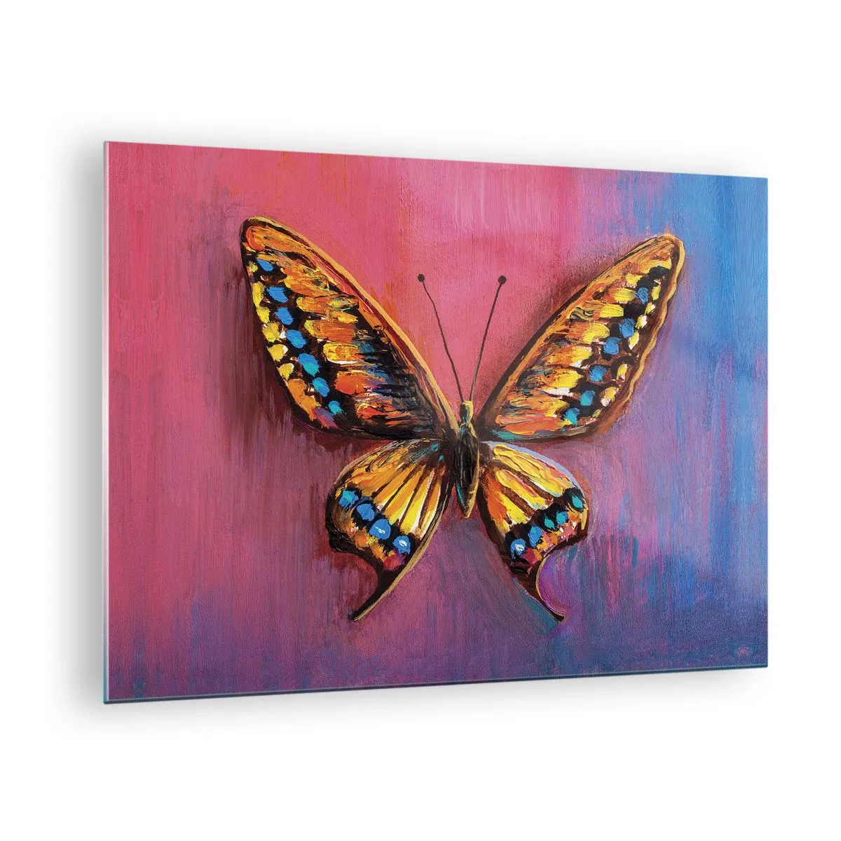 Obraz na skle - Farebný motýľ na pozadí v odtieňoch ružovej a fialovej - 70x50cm - Klenot prírody - Moderná nástenná dekorácia do obývacej izby a spálne ARTTOR