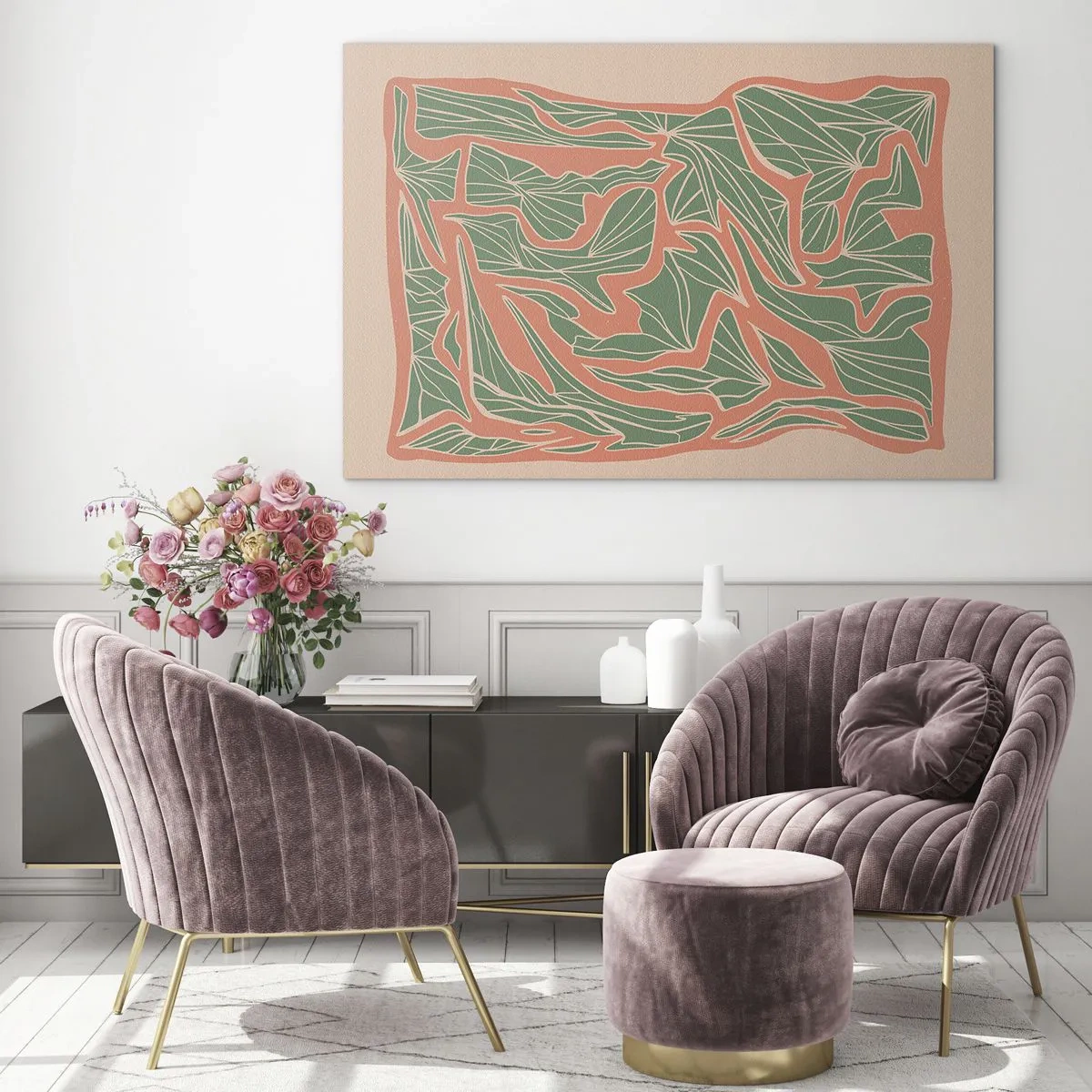 Obraz na skle - Zelené listové formy obklopené koralovým rámom na béžovom pozadí - 70x50cm - Súboj koralov a zelene - Moderná nástenná dekorácia do obývacej izby a spálne ARTTOR