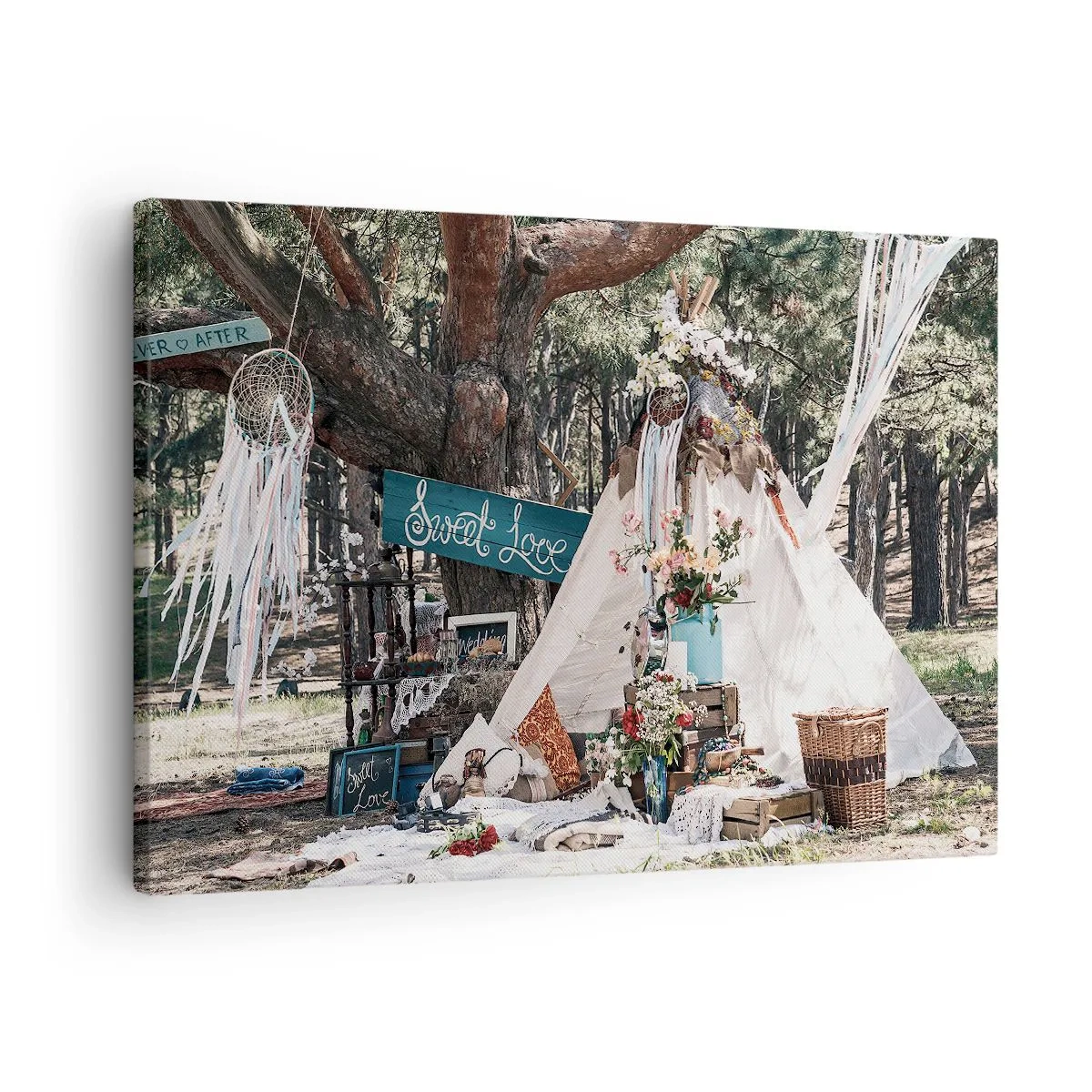 Obraz na plátne - Boho dekorácia s teepee v lese - 70x50cm - Make love… - Moderná nástenná dekorácia do obývacej izby a spálne ARTTOR