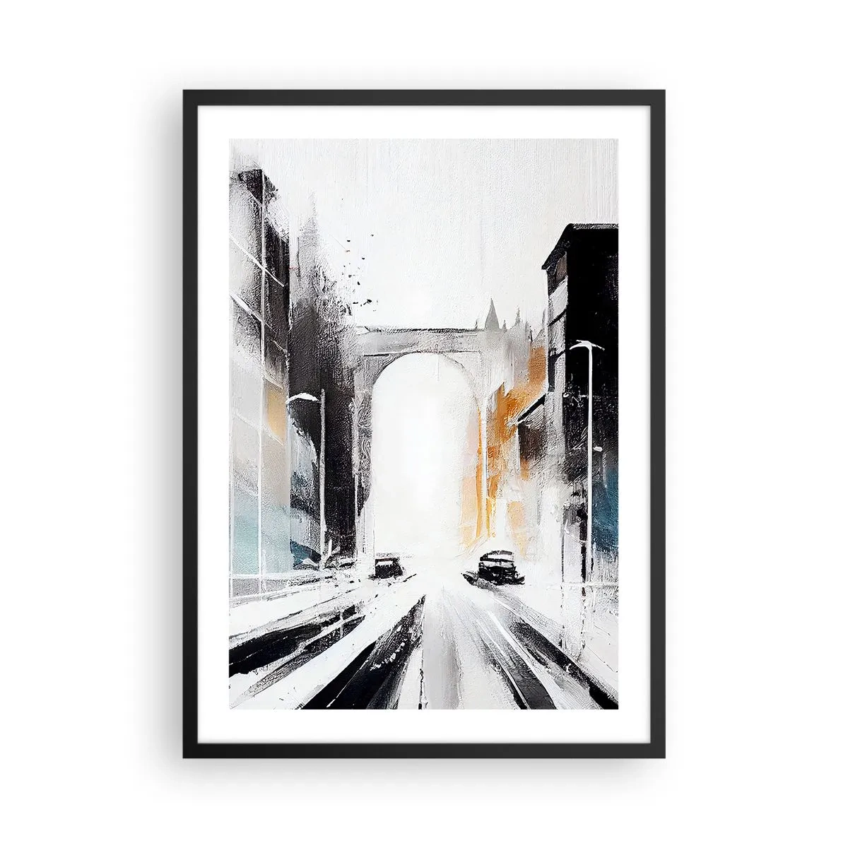 Plagát v čiernom ráme - Abstraktná panoráma mesta s monumentálnym oblúkom - 50x70cm - Štúdia mesta: architektúra a pohyb - Moderná nástenná dekorácia do obývacej izby a spálne ARTTOR