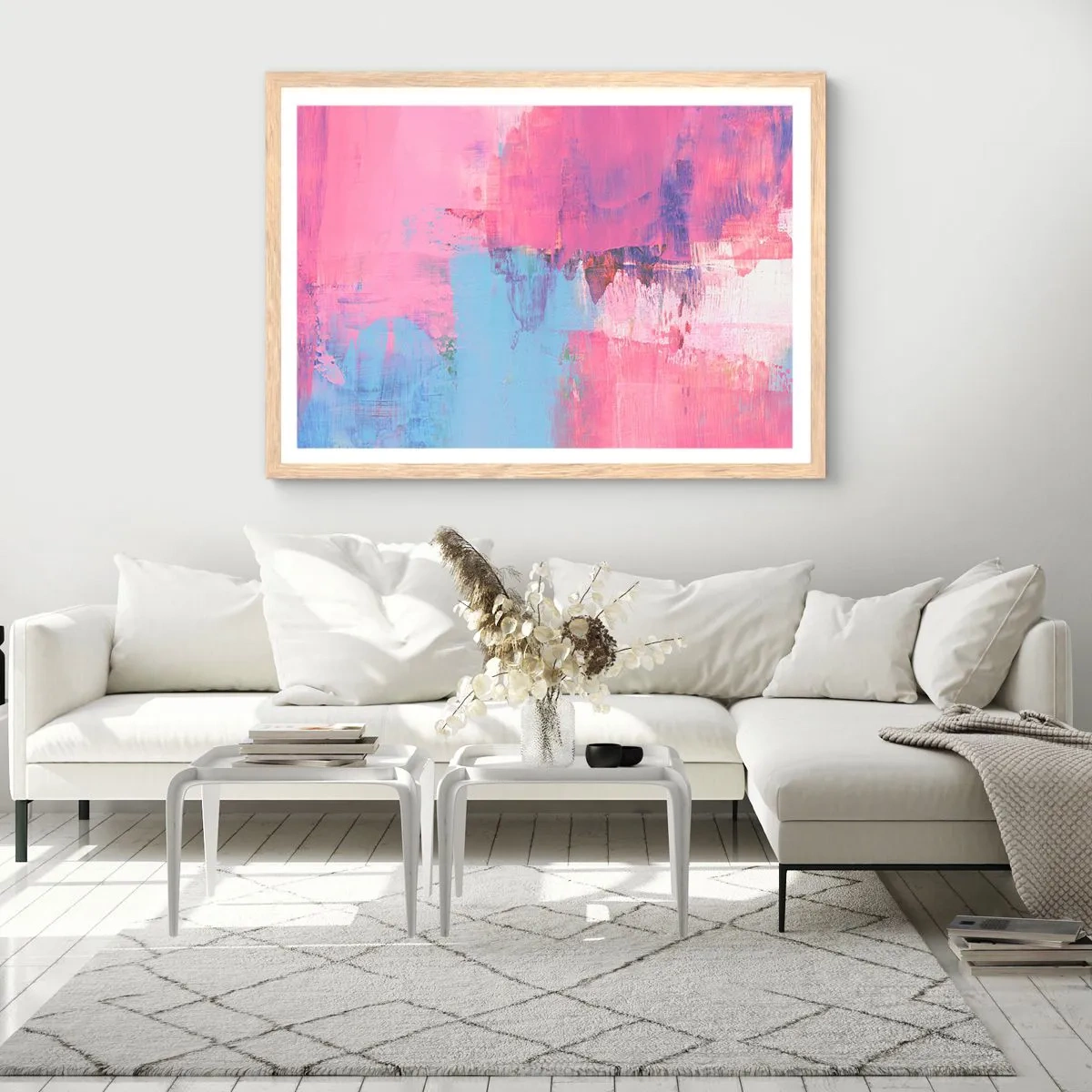 Plagát v ráme zo svetlého duba - Ružová, modrá a štipka svetla - 100x70 cm