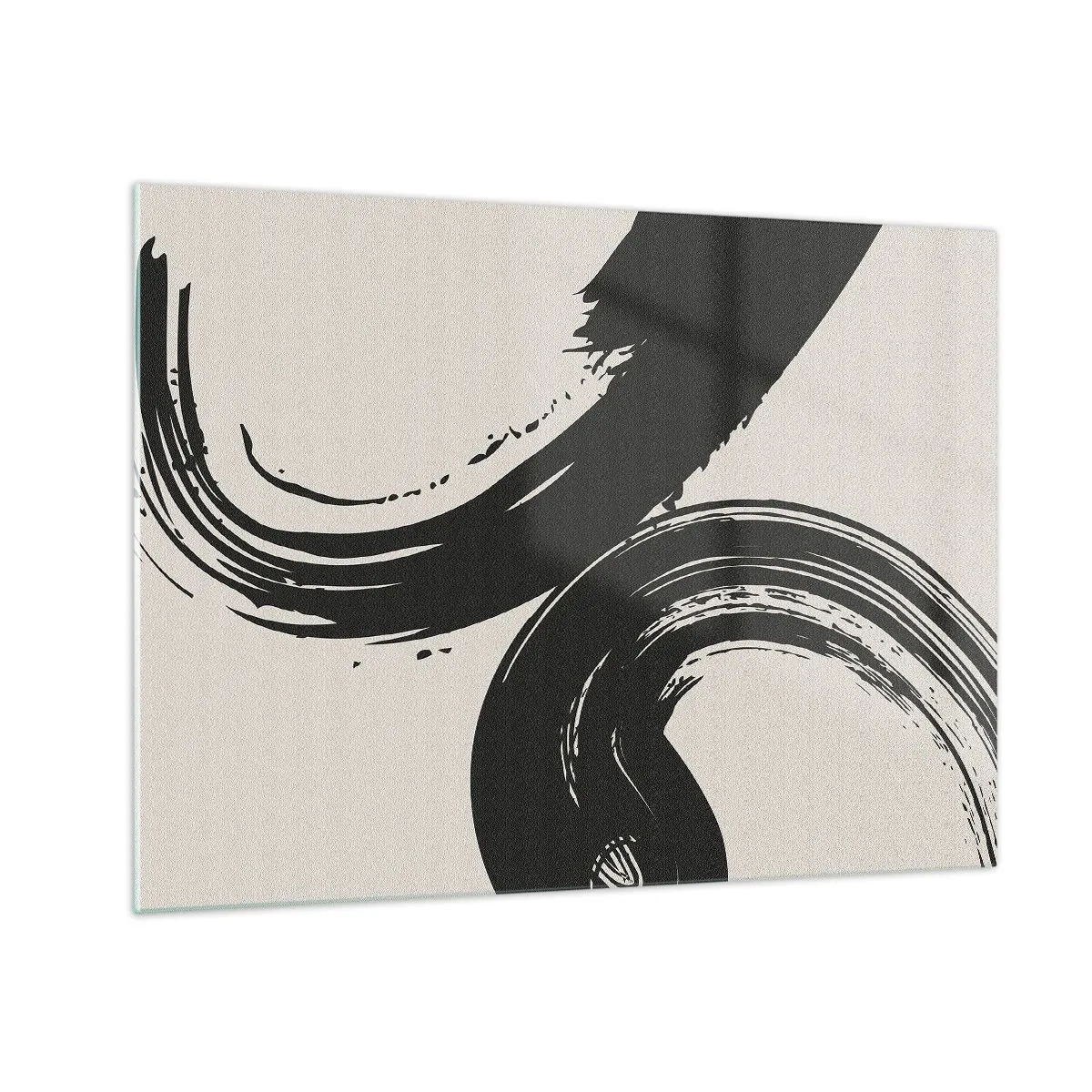 Obraz na skle - Čierne, dynamické kaligrafické ťahy štetcom na svetlom pozadí. - 70x50cm - S rozmachom a dookola - Moderná nástenná dekorácia do obývacej izby a spálne ARTTOR