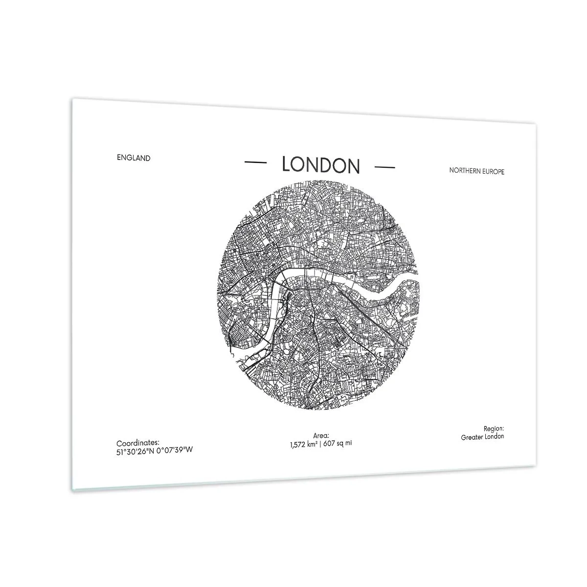 Obraz na skle - Podrobná mapa Londýna v grafickom čiernobielom štýle. - 70x50cm - Anatómia Londýna - Moderná nástenná dekorácia do obývacej izby a spálne ARTTOR