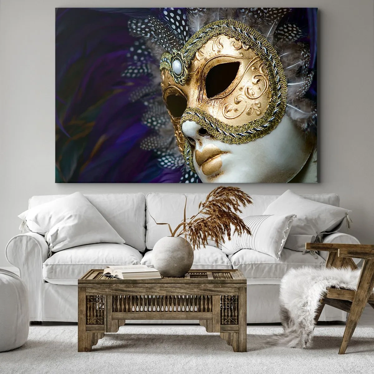 Obraz na plátne - Zlatá benátska maska s ozdobným perím a ornamentami - 70x50cm - Benátsky portrét v zlate - Moderná nástenná dekorácia do obývacej izby a spálne ARTTOR