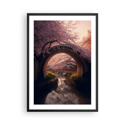 Plagát v čiernom ráme - Romantický most medzi čerešňovými kvetmi - 50x70cm - Japonská jar - Moderná nástenná dekorácia do obývacej izby a spálne ARTTOR