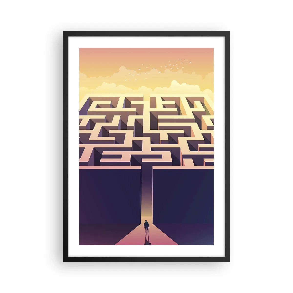 Plagát v čiernom ráme - Symbolický labyrint v zlatom svetle - 50x70cm - Čas rozhodnutí - Moderná nástenná dekorácia do obývacej izby a spálne ARTTOR