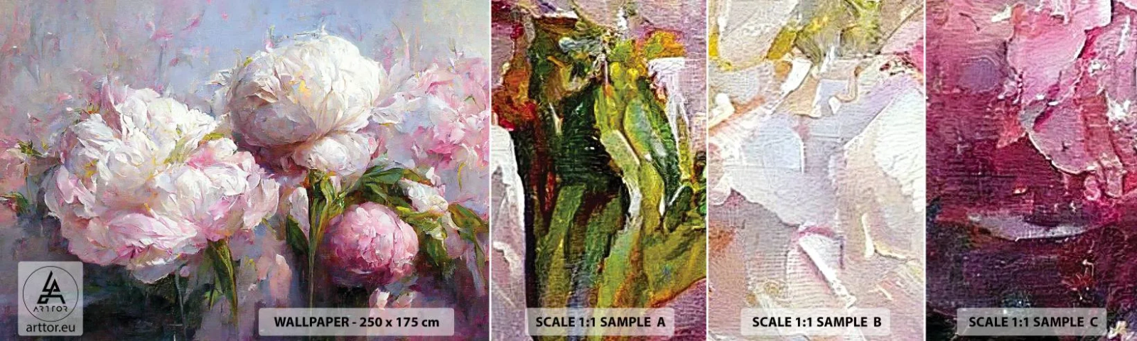 Vzorka samolepiacej fototapety Deluxe Sticker - Kytica prekypujúca životom - Kvety, Pivonky, klasicizmus - 100x30 cm