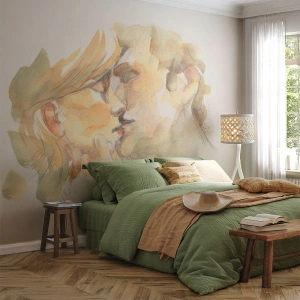 Fototapeta Standard Eco - Akvarelová ilustrácia bozkávajúceho sa páru v teplých tónoch. - 100x70cm - Nájdená polovica? - Moderná nástenná dekorácia do obývacej izby a spálne ARTTOR