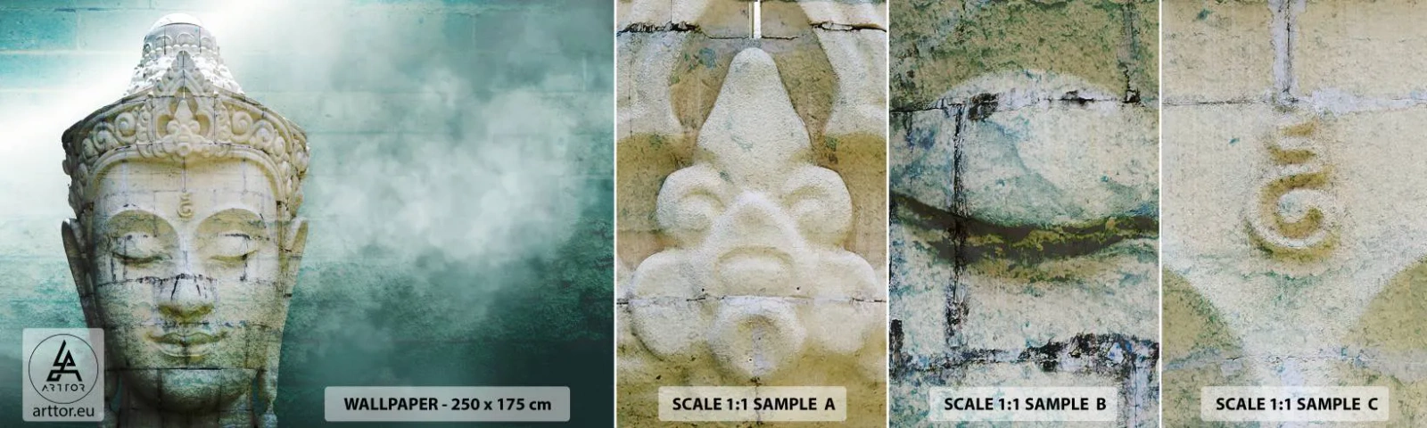 Vzorka samolepiacej fototapety Deluxe Sticker - Hľadajúc svetlo - Budha, Socha Budhu, Ázie - 100x30 cm