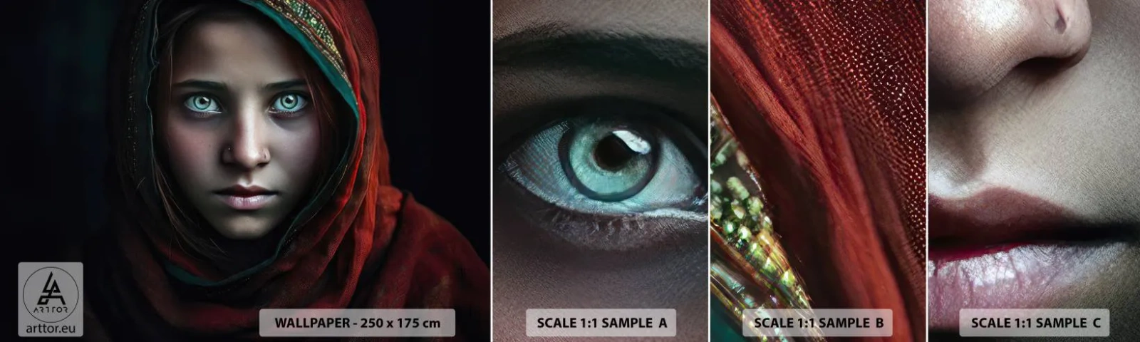 Vzorka samolepiacej fototapety Deluxe Sticker - Východná princezná - Dievča, Portrét, Pakistan - 100x30 cm