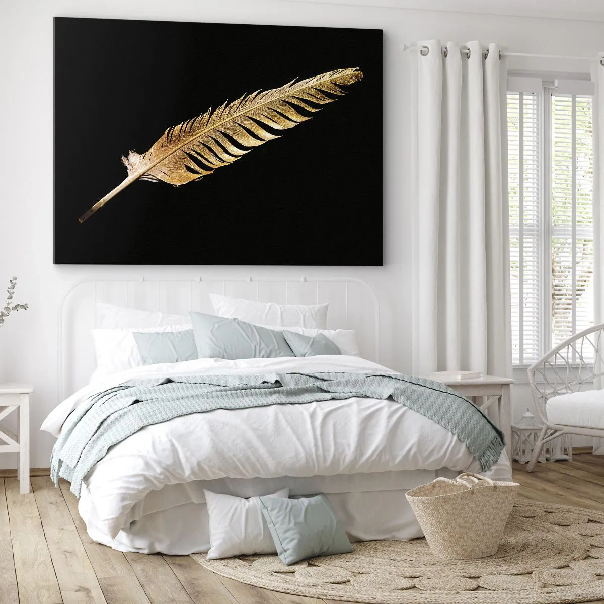 Obraz na plátne - Zlaté pierko na čiernom pozadí - 70x50cm - Krásne pierko… - Moderná nástenná dekorácia do obývacej izby a spálne ARTTOR