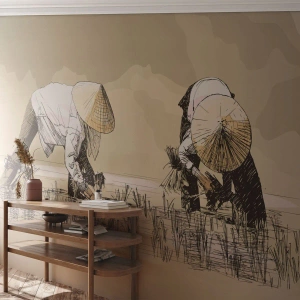 Samolepiaca Fototapeta Deluxe Sticker - Úspešný zber - Ázie, Ryžová plantáž, Ryžové pole - 400x280 cm