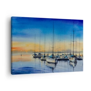 Obraz na plátne - Jachtársky prístav pri západe slnka s odrazmi na vode - 70x50cm - Koniec dobrého dňa - Moderná nástenná dekorácia do obývacej izby a spálne ARTTOR