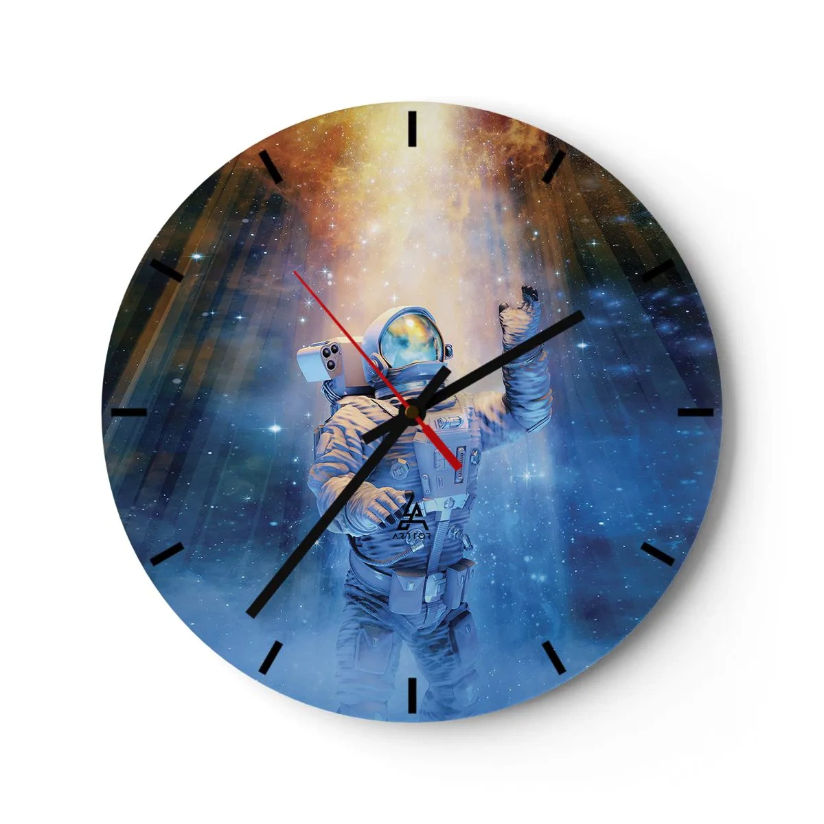 Nástenné hodiny - Astronaut unášaný vesmírom vo svetle hviezd - 30x30cm - Konečne v cieli - Moderná nástenná dekorácia do obývacej izby, kuchyne a spálne ARTTOR