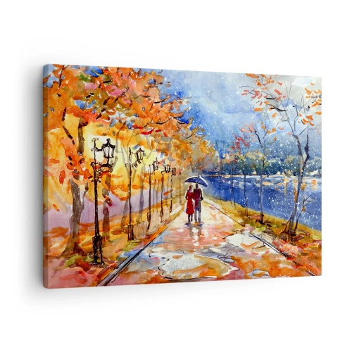 Obraz na plátne - Jesenná prechádzka v parku na brehu rieky pod slnečníkom - 70x50cm - Spoločne k hranici času - Moderná nástenná dekorácia do obývacej izby a spálne ARTTOR
