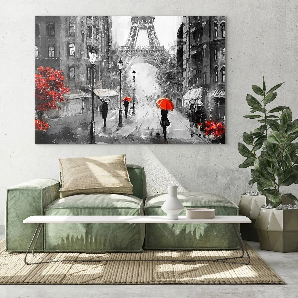 Obraz na skle - Eiffelova veža v monochromatickej krajine s červenými akcentmi - 70x50cm - Všetky cesty vedú k nej - Moderná nástenná dekorácia do obývacej izby a spálne ARTTOR