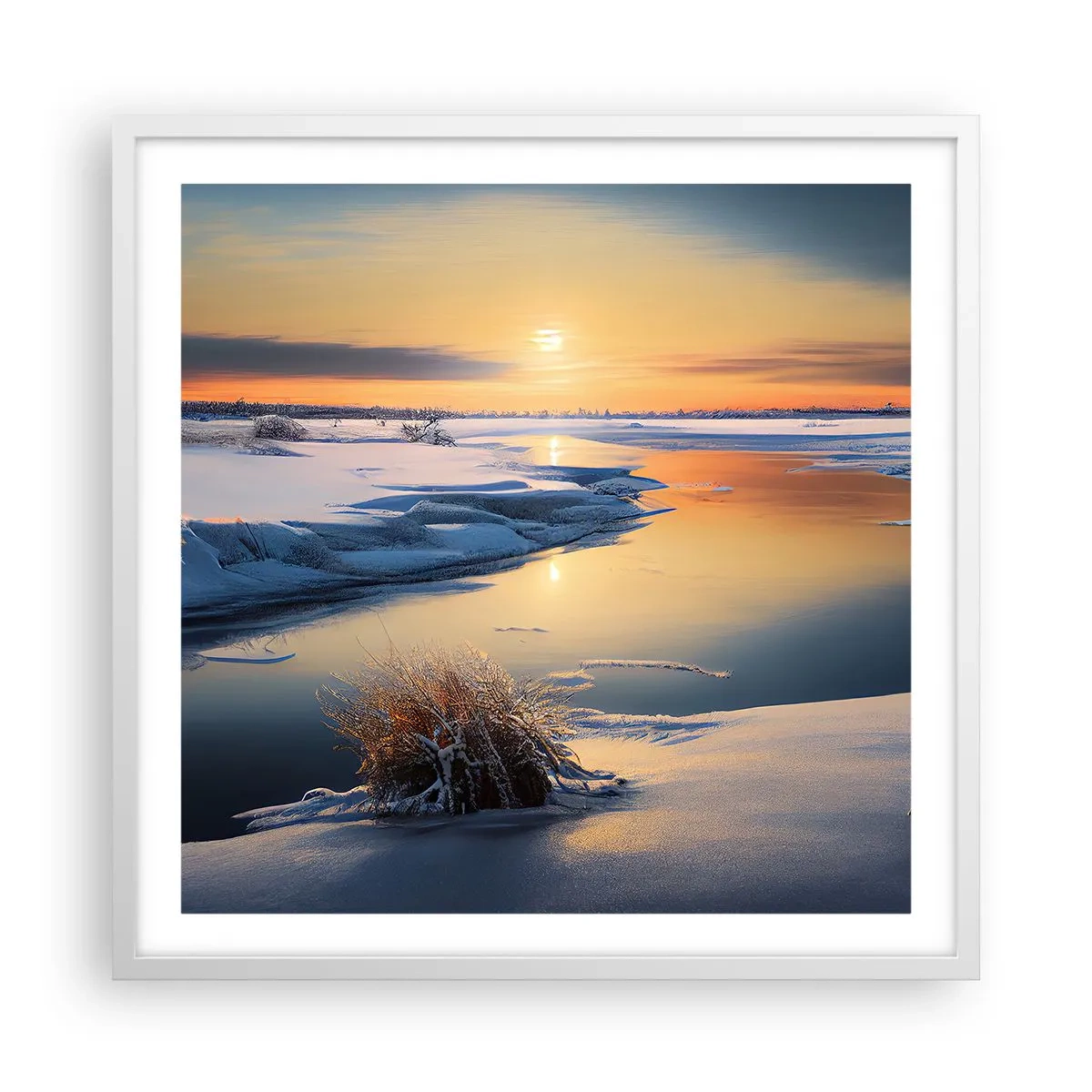 Plagát v bielom ráme - Zimný západ slnka - 60x60 cm