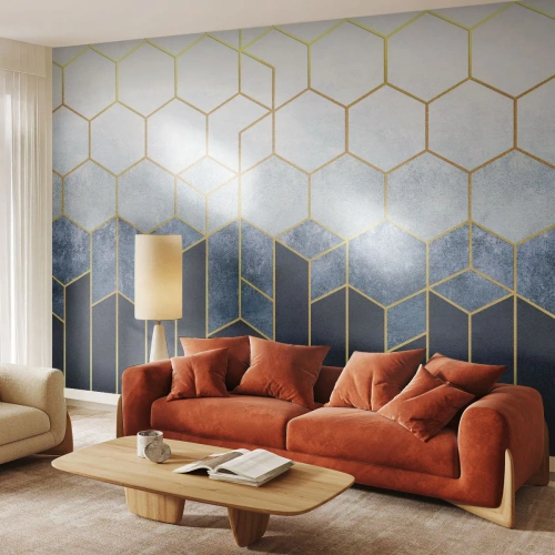 Fototapeta Standard Eco - Geometrický vzor so šesťuholníkmi a zlatými čiarami - 100x70cm - Kompozícia v synkopickom rytme - Moderná nástenná dekorácia do obývacej izby a spálne ARTTOR