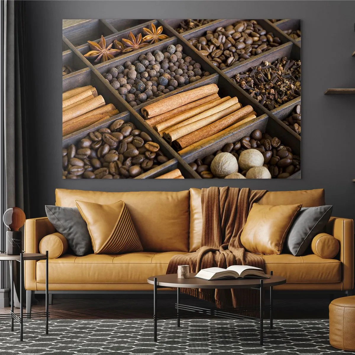 Obraz na skle - Korenie v drevených priehradkách - 70x50cm - Pokladnice vôní - Moderná nástenná dekorácia do obývacej izby a spálne ARTTOR