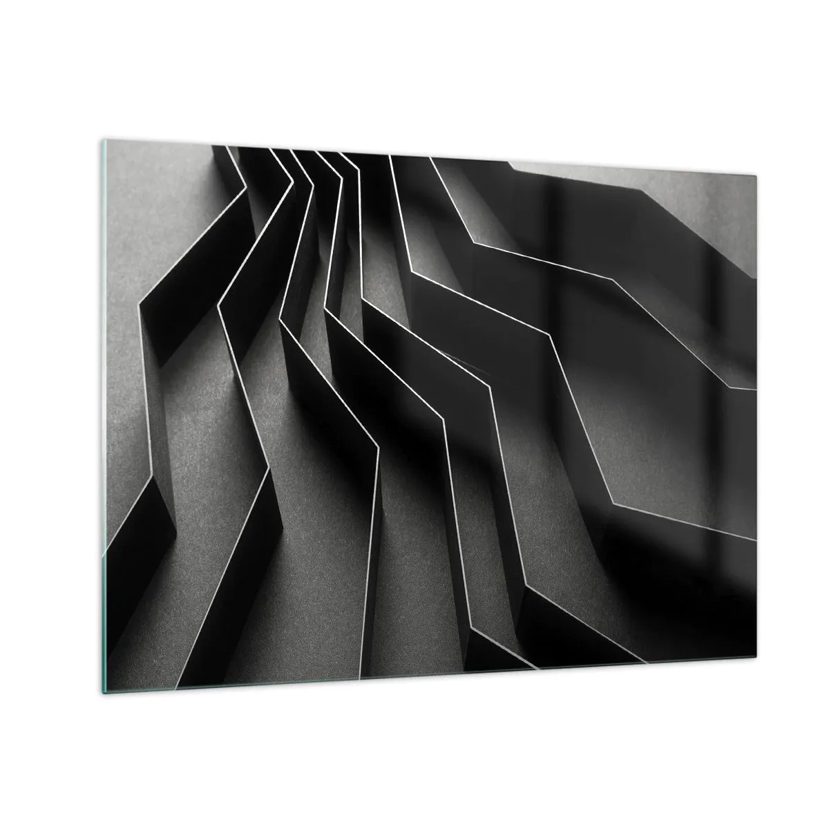 Obraz na skle - Čierne geometrické tvary s hĺbkou a šerosvitom - 70x50cm - Priestorový poriadok - Moderná nástenná dekorácia do obývacej izby a spálne ARTTOR