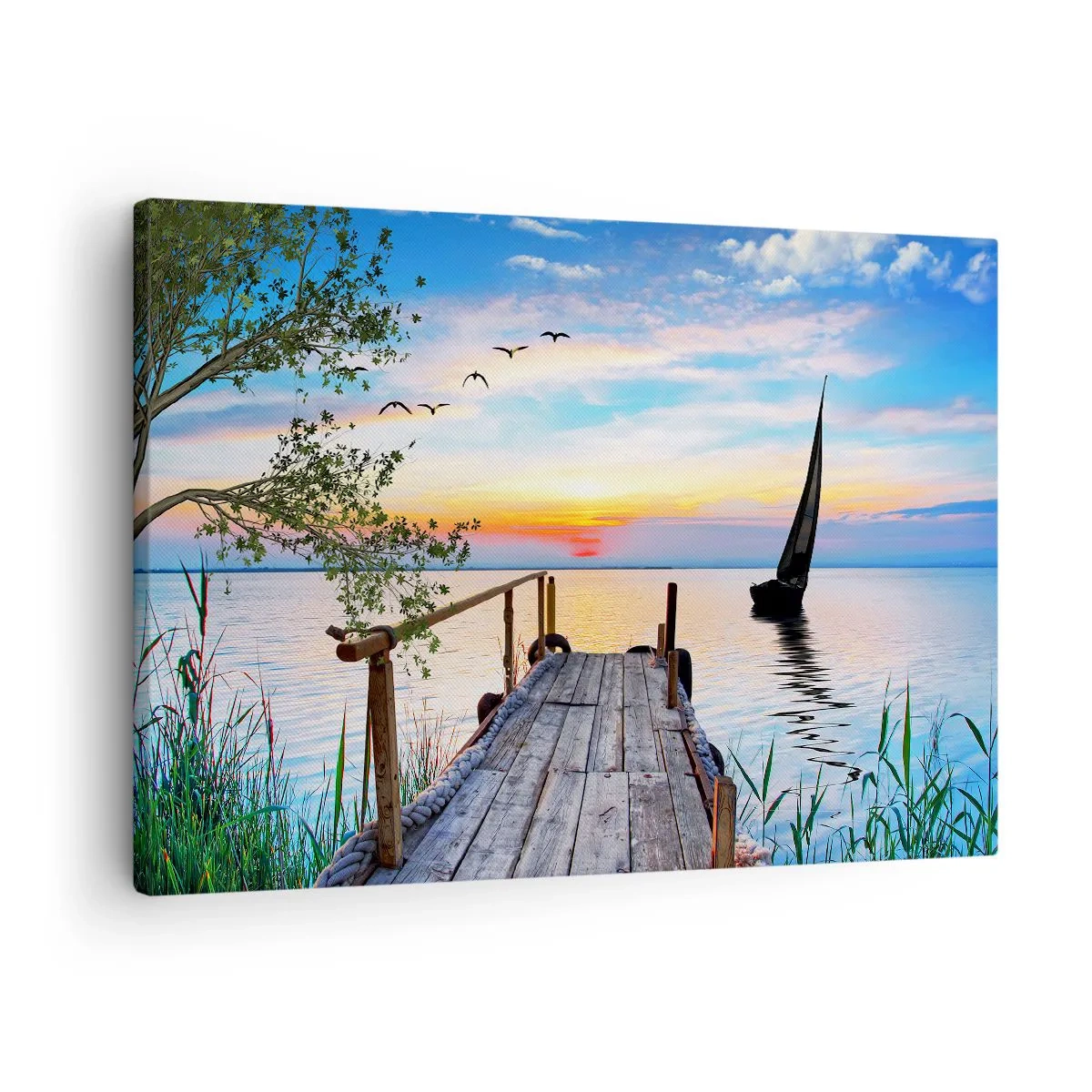 Obraz na plátne - Jazerné mólo s loďkou a západom slnka - 70x50cm - Dobrý večer - Moderná nástenná dekorácia do obývacej izby a spálne ARTTOR