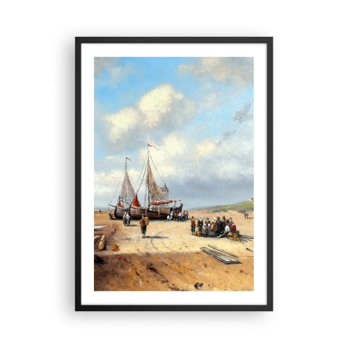 Plagát v čiernom ráme - Tradičné rybárske lode a rybári na piesočnatej pláži - 50x70cm - Po úspešnom rybolove - Moderná nástenná dekorácia do obývacej izby a spálne ARTTOR