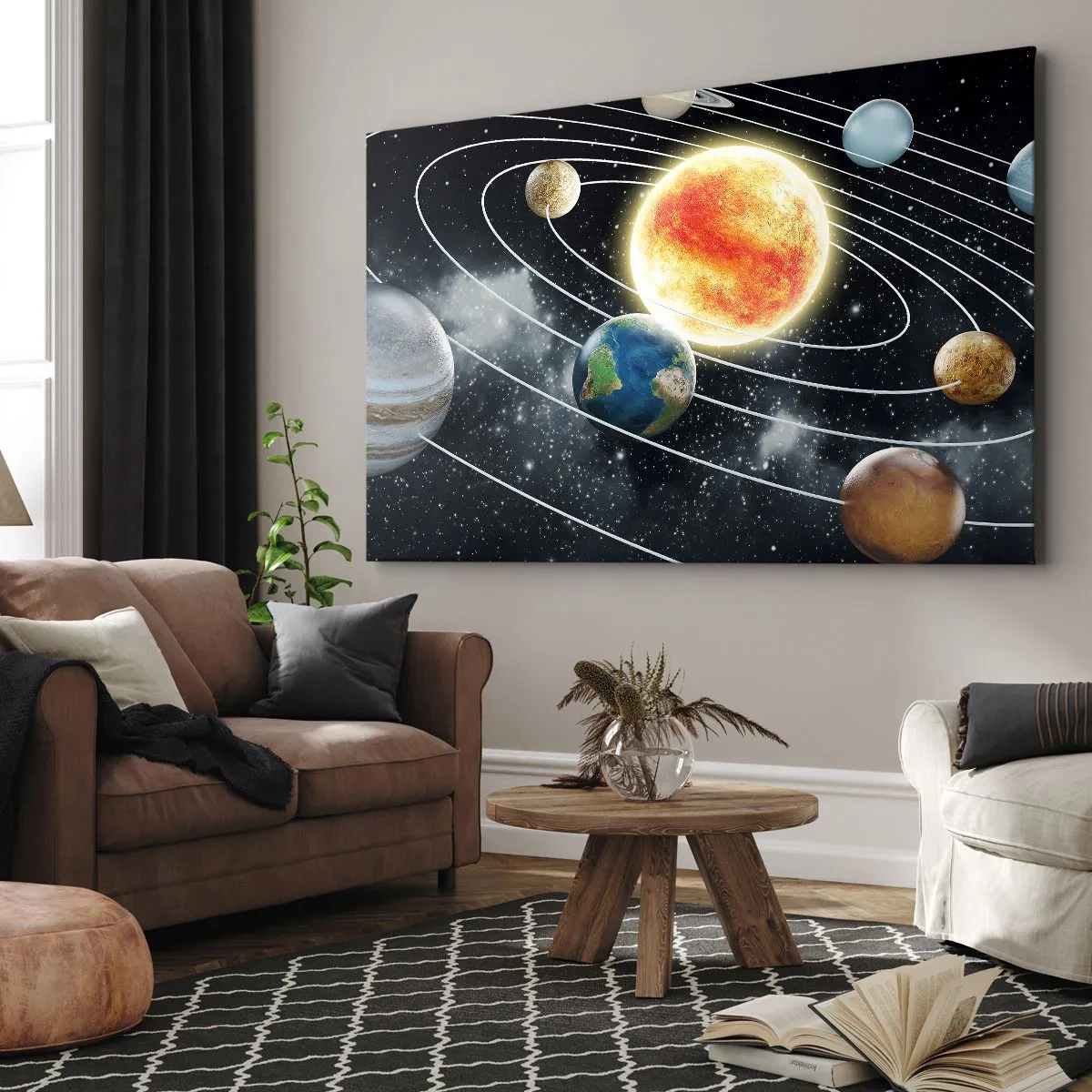Obraz na plátne - Slnečná sústava s planétami a slnkom vo vesmíre - 70x50cm - Vesmírny tanec - Moderná nástenná dekorácia do obývacej izby a spálne ARTTOR