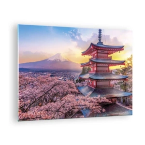 Obraz na skle - Pagoda v japonskej krajine s výhľadom na horu Fudži a kvitnúce stromy - 70x50cm - Podstata japonského ducha - Moderná nástenná dekorácia do obývacej izby a spálne ARTTOR