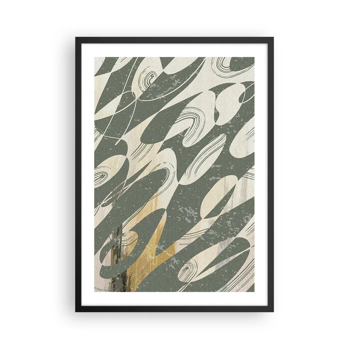 Plagát v čiernom ráme - Abstraktná kompozícia organických tvarov v zelenej a béžovej farbe. - 50x70cm - Rytmizovaná abstrakcia - Moderná nástenná dekorácia do obývacej izby a spálne ARTTOR