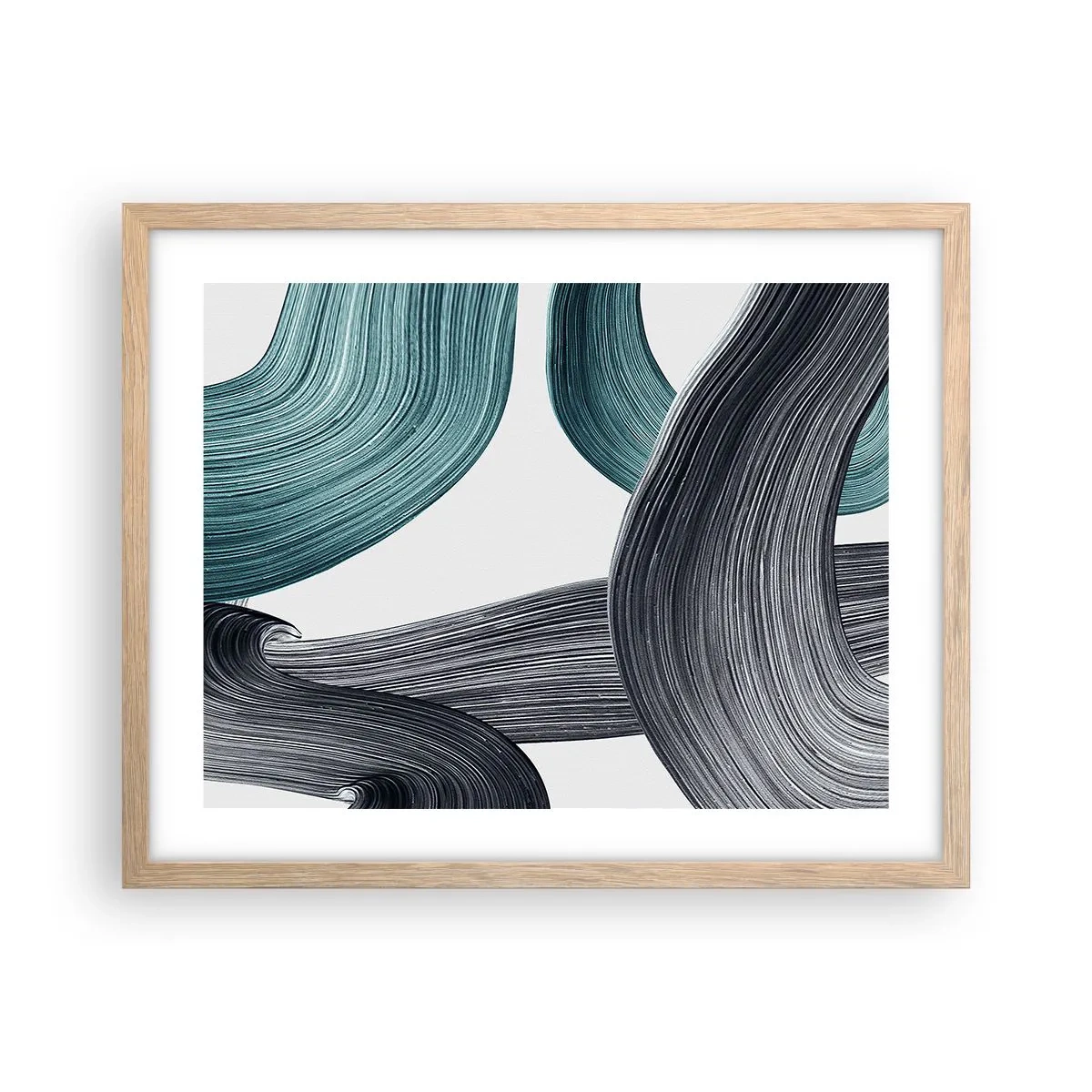 Plagát v ráme zo svetlého duba - Smaragdové a čierne vlny - 50x40 cm