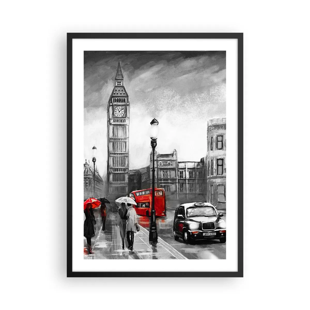 Plagát v čiernom ráme - Big Ben v daždivý deň s červenými akcentmi - 50x70cm - Vôbec nie šedé mesto - Moderná nástenná dekorácia do obývacej izby a spálne ARTTOR